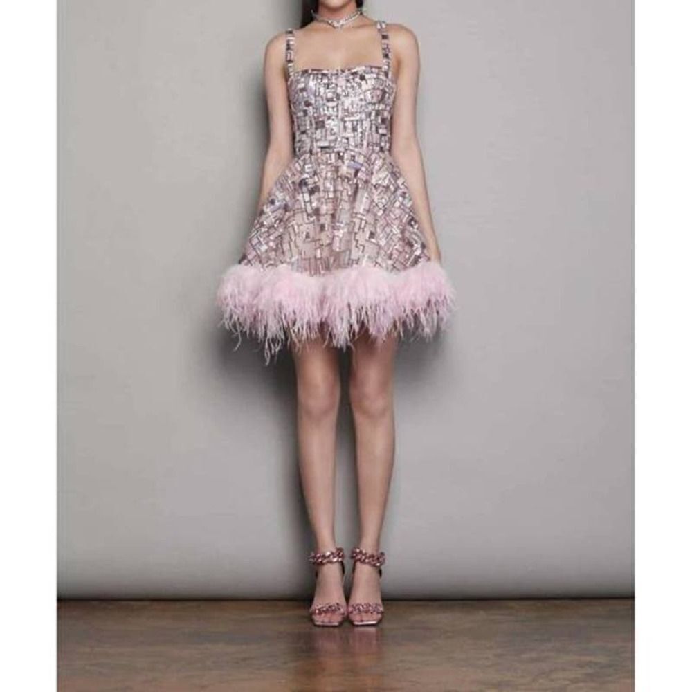Bronx and Banco Pink Feather Hem Sequin Mini Dress